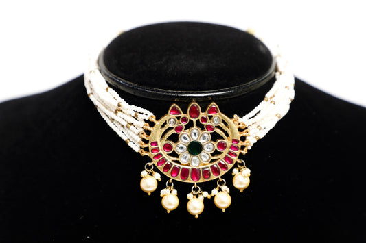 925 Silver hand made Meena and Kundan work choker set finished with 22karat pure gold plating