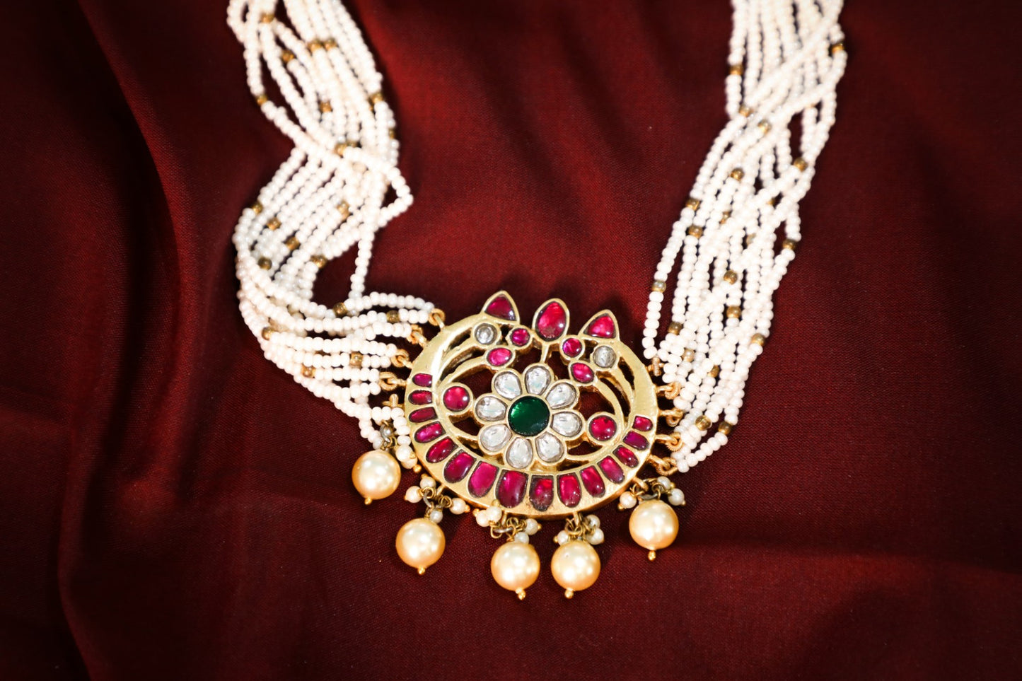 925 Silver hand made Meena and Kundan work choker set finished with 22karat pure gold plating
