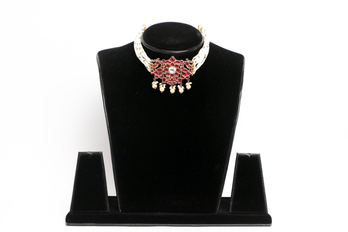 925 Silver Temple choker necklace with intricate red meena work coated with 22kt gold plating ,finished with natural pearl strings