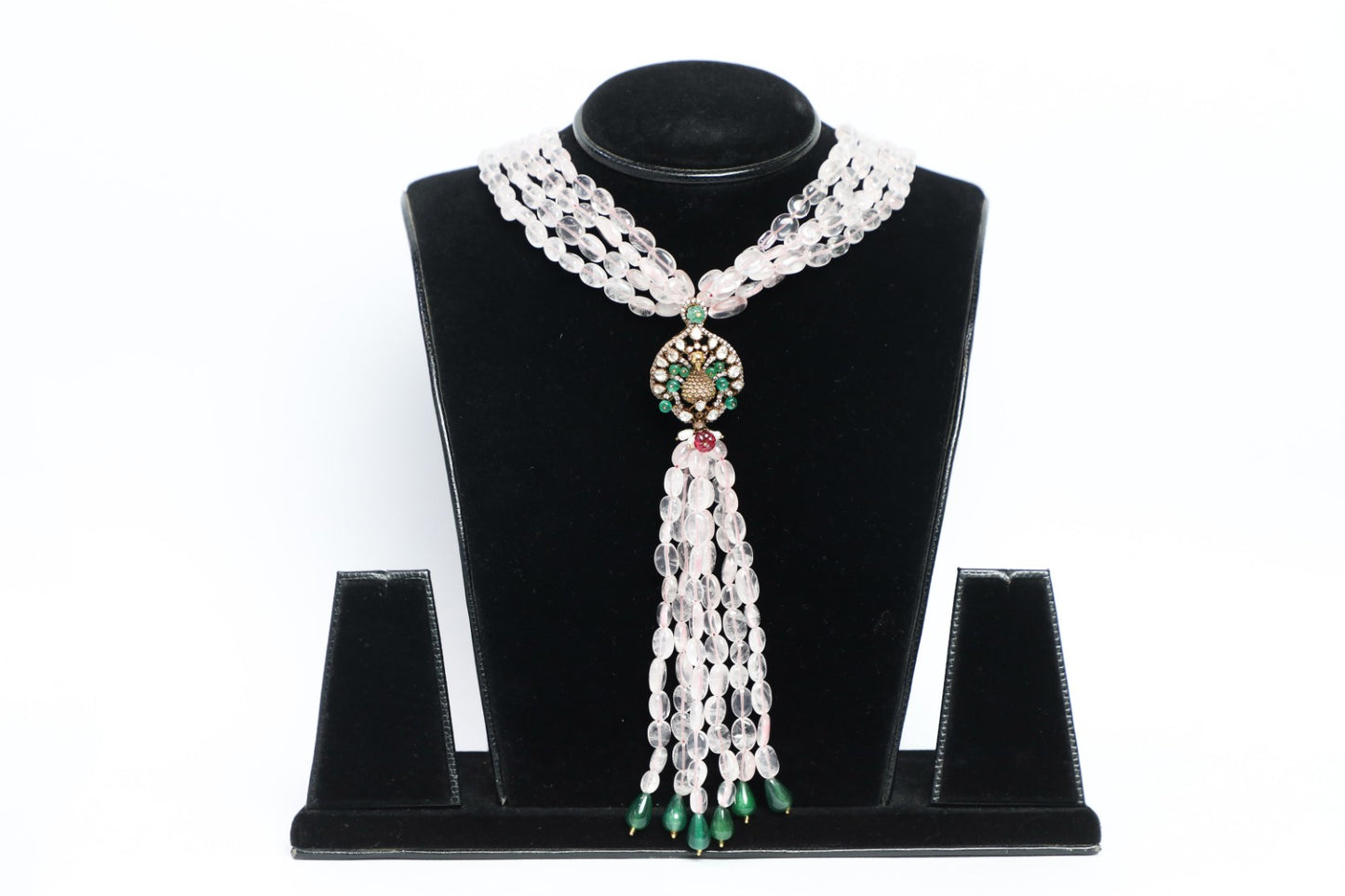 925 Silver long LARIAT Victorian haar made with moissanite polki's,jades and chalcedony crystals weaved in purest natural Brazilian ROSE QUARTZ ,plated with 22k gold