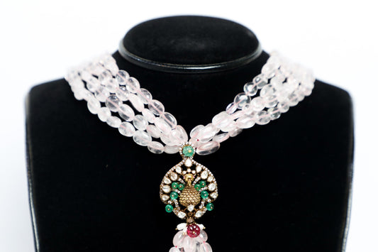 925 Silver long LARIAT Victorian haar made with moissanite polki's,jades and chalcedony crystals weaved in purest natural Brazilian ROSE QUARTZ ,plated with 22k gold