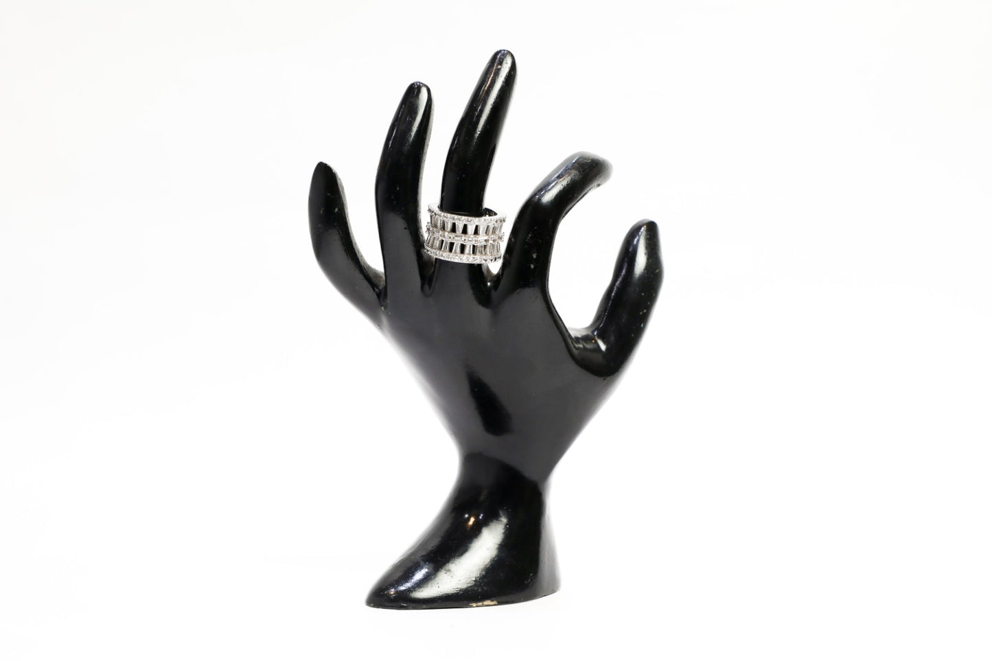 925 Sterling silver baguette shape Swarovski studded big band ring coated with platinum polish