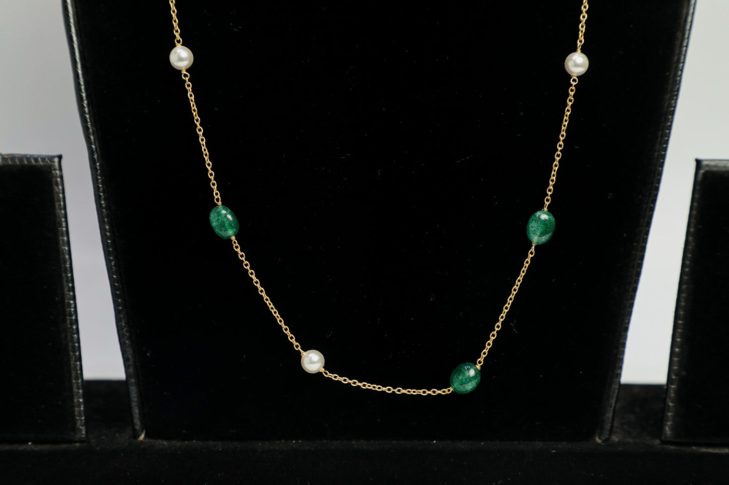 925 gold plated green jade and fresh water cultured pearl chain
