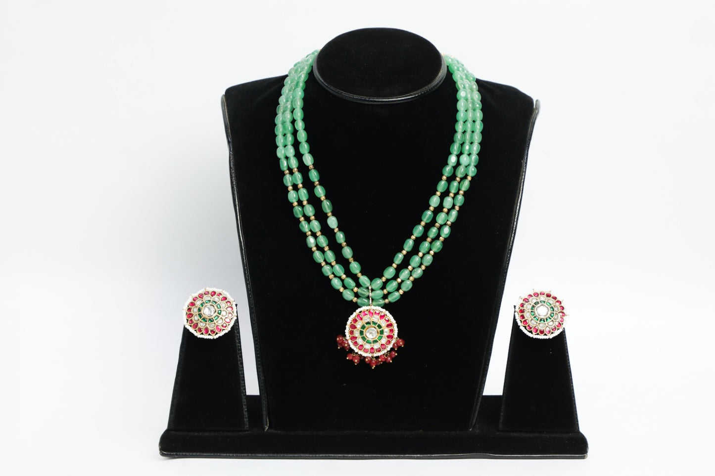 925 silver Meena necklace beautified with intricate enamel work, sewed with natural pearls and green jade ,finished with 22k pure gold plating .