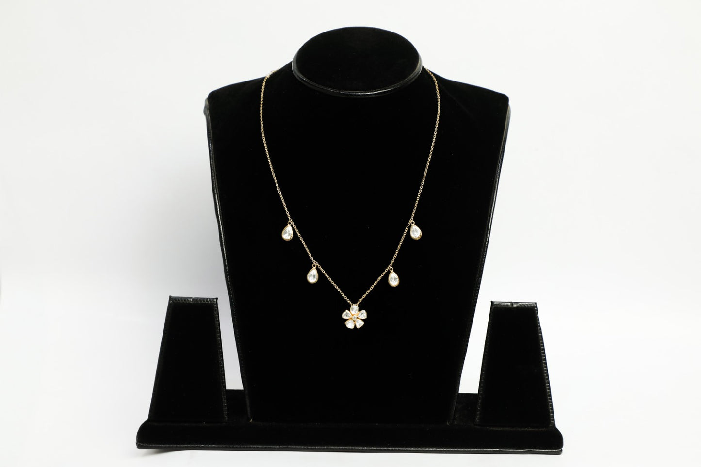 925 Silver ,22K GOLD plated Moissanite polki studded DROP necklace with Flower motif