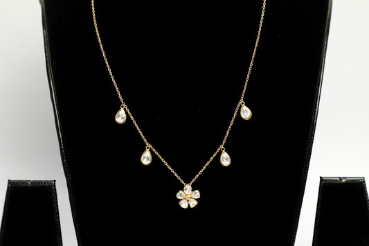 925 Silver ,22K GOLD plated Moissanite polki studded DROP necklace with Flower motif