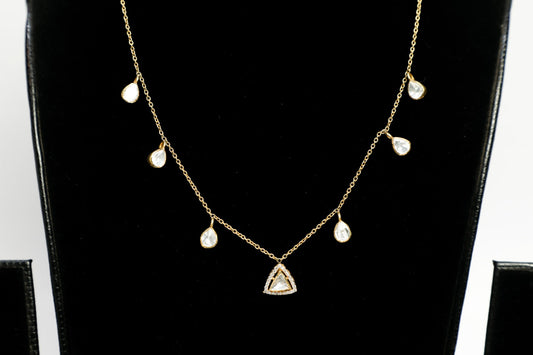 925 Silver ,22K GOLD plated Moissanite polki studded DROP necklace with Triangular motif