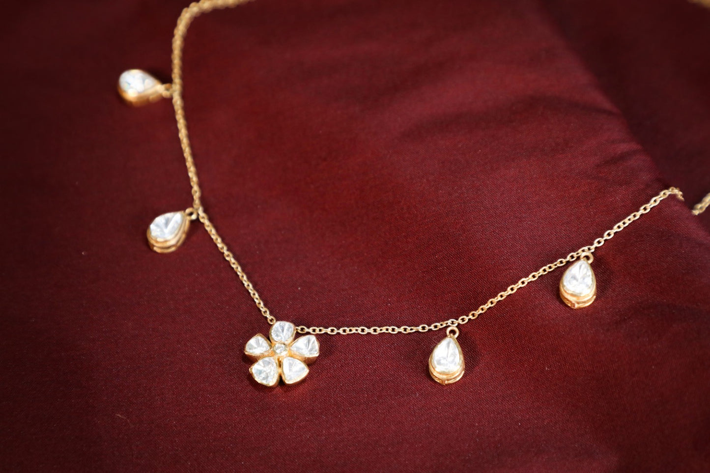 925 Silver ,22K GOLD plated Moissanite polki studded DROP necklace with Flower motif