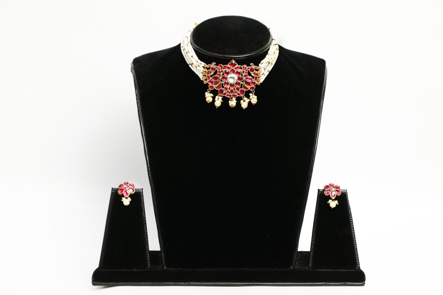 925 Silver Temple choker necklace with intricate red meena work coated with 22kt gold plating ,finished with natural pearl strings