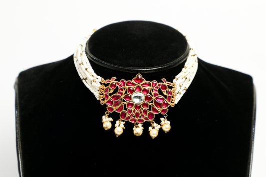 925 Silver Temple choker necklace with intricate red meena work coated with 22kt gold plating ,finished with natural pearl strings