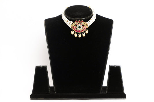 925 Silver hand made Meena and Kundan work choker set finished with 22karat pure gold plating