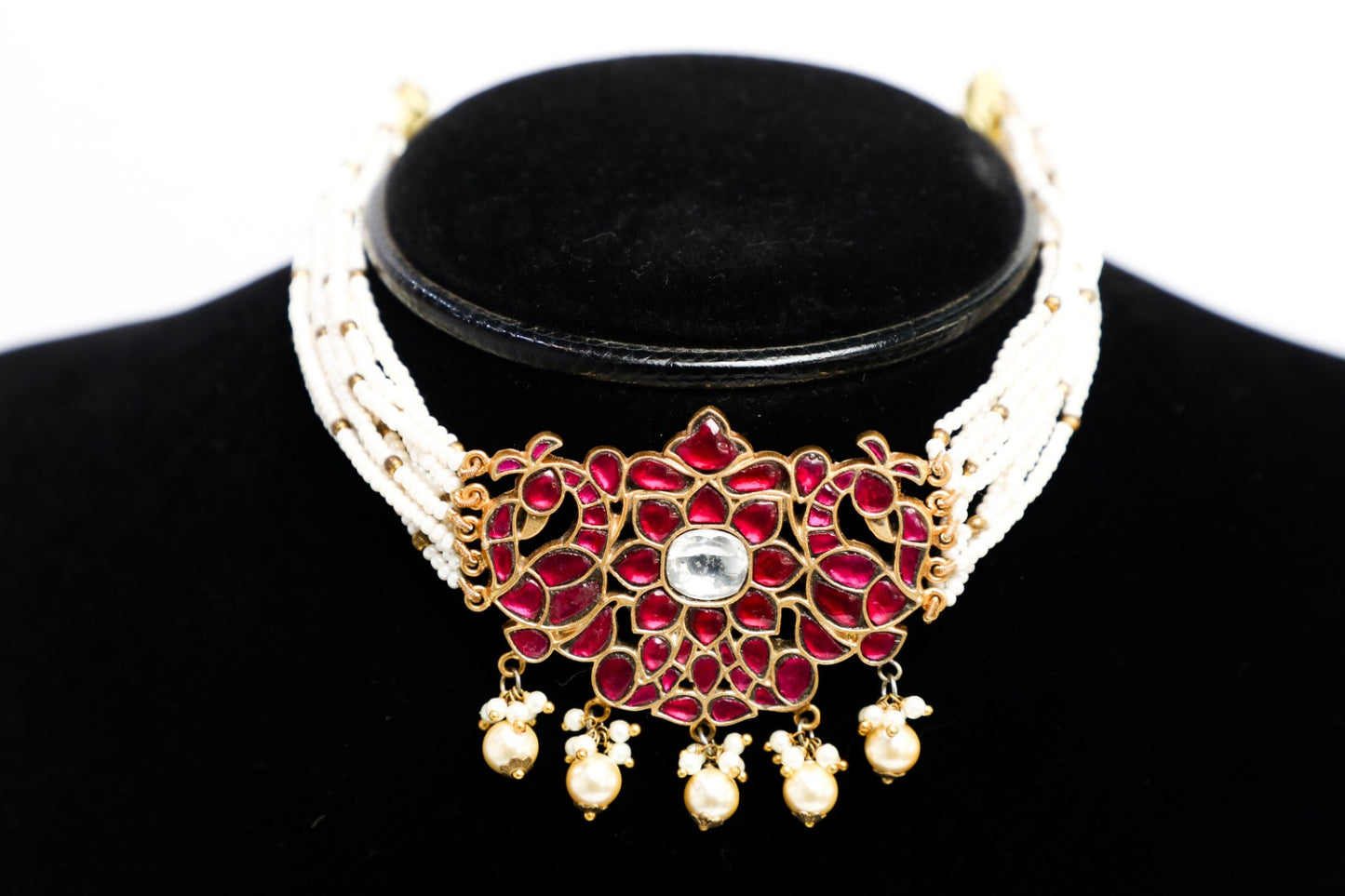 925 Silver Temple choker necklace with intricate red meena work coated with 22kt gold plating ,finished with natural pearl strings
