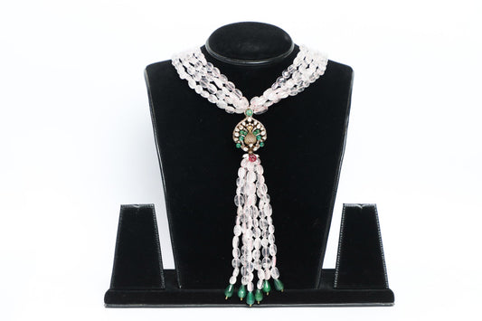 925 Silver long LARIAT Victorian haar made with moissanite polki's,jades and chalcedony crystals weaved in purest natural Brazilian ROSE QUARTZ ,plated with 22k gold