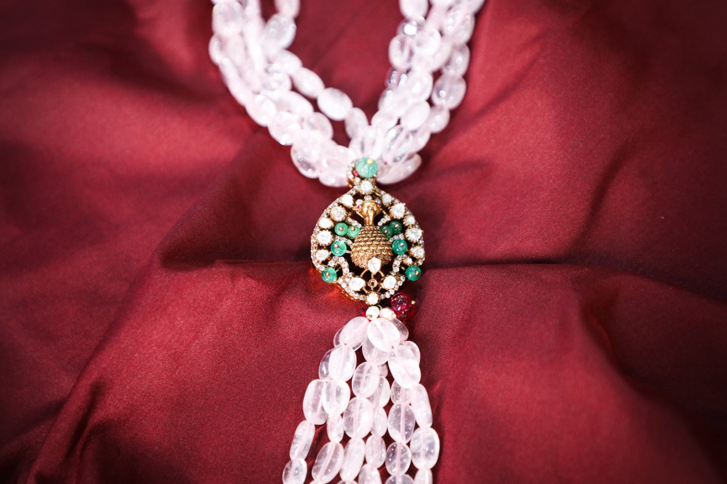 925 Silver long LARIAT Victorian haar made with moissanite polki's,jades and chalcedony crystals weaved in purest natural Brazilian ROSE QUARTZ ,plated with 22k gold