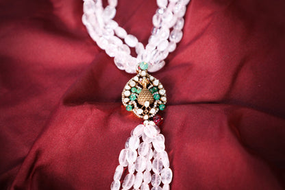 925 Silver long LARIAT Victorian haar made with moissanite polki's,jades and chalcedony crystals weaved in purest natural Brazilian ROSE QUARTZ ,plated with 22k gold