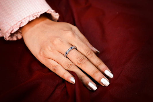 925 Sterling silver Swarovski studded blue and silver band ring