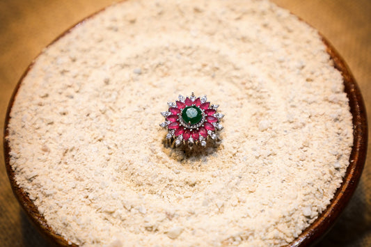 925 Sterling silver pink and green onyx chalcedony stone, studded with Swarovski crystal cocktail ring
