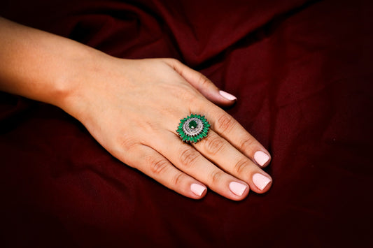 925 Sterling silver Green and white Swarovski crystal studded cocktail ring