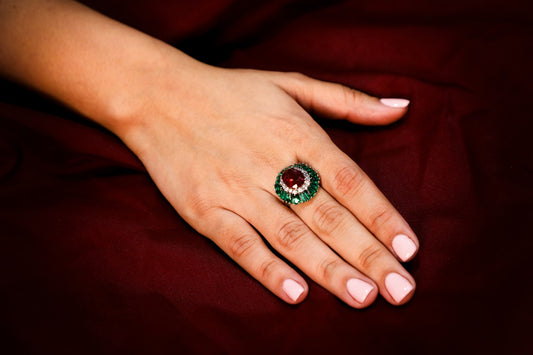 925 Sterling silver Green and Red onyx stone Swarovski studded cocktail ring