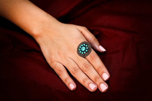 925 Oxidised silver Firoza/ Turquoise studded cocktail ring