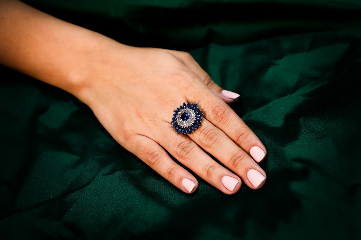 925 Sterling silver Blue onyx with Swarovski crystal studded cocktail ring