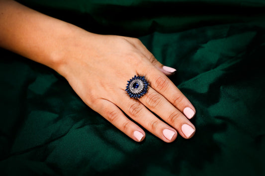 925 Sterling silver Blue onyx with Swarovski crystal studded cocktail ring