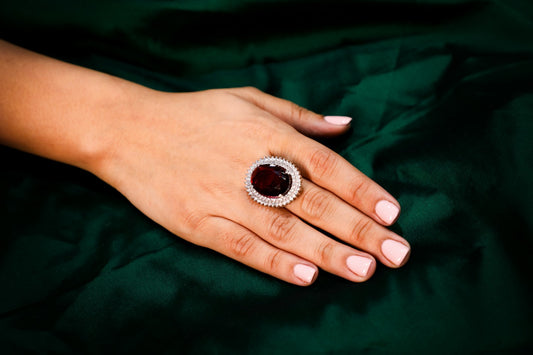 925 Sterling silver Red onyx chalcedony Swarovski studded cocktail ring