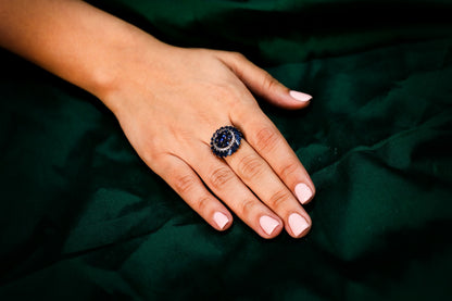 925 Sterling silver Blue round onyx chalcedony,Swarovski studded cocktail ring