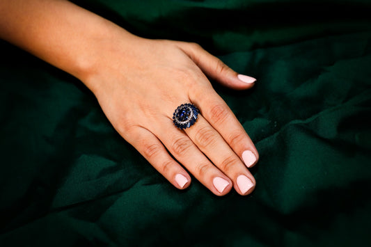 925 Sterling silver Blue round onyx chalcedony,Swarovski studded cocktail ring
