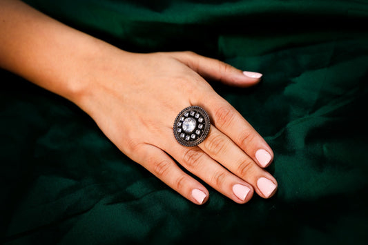 925 Oxidised silver swarovski kundan studded cocktail ring