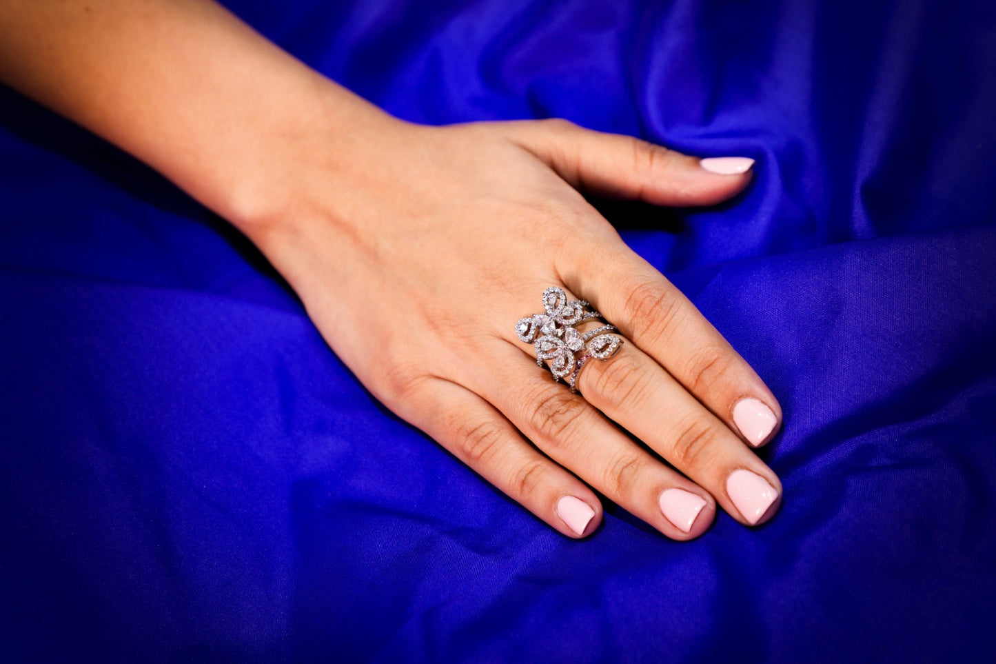925 Sterling silver multi-layer flower motif Swarovski studded cocktail ring
