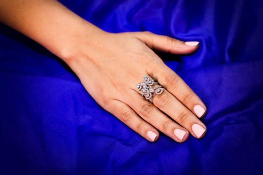 925 Sterling silver multi-layer flower motif Swarovski studded cocktail ring