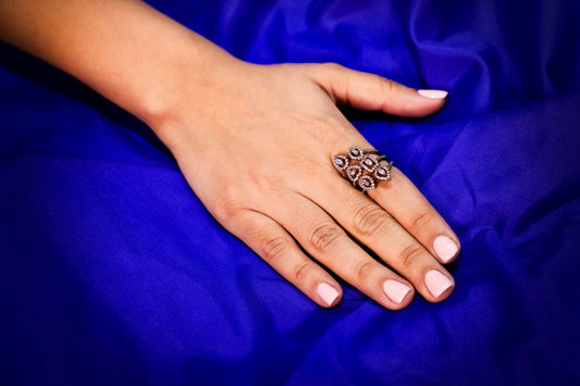 925 Sterling Rose gold multi-layer flower motif Swarovski studded cocktail ring