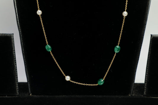 925 gold plated green jade and fresh water cultured pearl chain