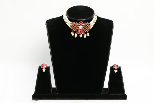 925 Silver Temple choker necklace with intricate red meena work coated with 22kt gold plating ,finished with natural pearl strings