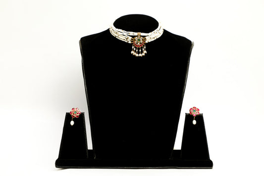 925 silver moti choker studded with enamel/meena in a crescent moon motif coated with 22kt gold