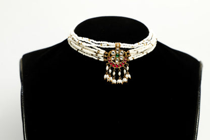 925 silver moti choker studded with enamel/meena in a crescent moon motif coated with 22kt gold