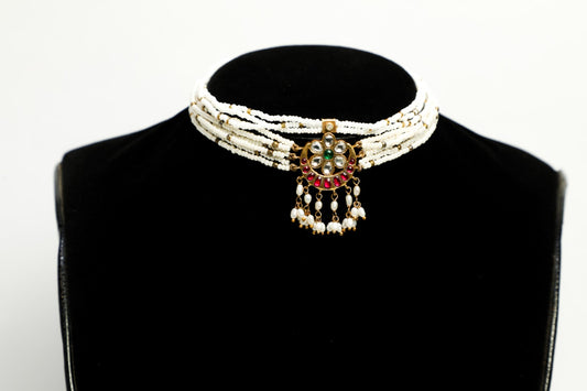 925 silver moti choker studded with enamel/meena in a crescent moon motif coated with 22kt gold