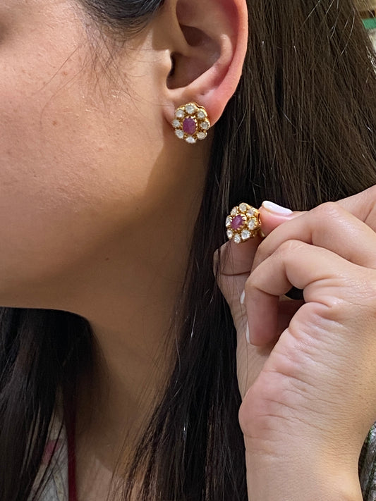 925 sterling silver GOLD plated Natural ruby+ Moissanite STUDS