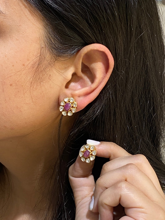 925 sterling silver GOLD plated Natural ruby+ Moissanite STUDS