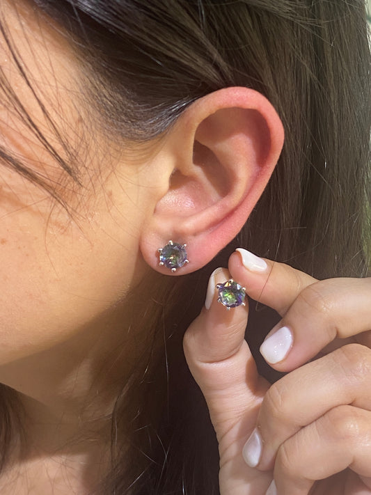 925 Sterling SILVER Rainbow shade Round solitaire studs