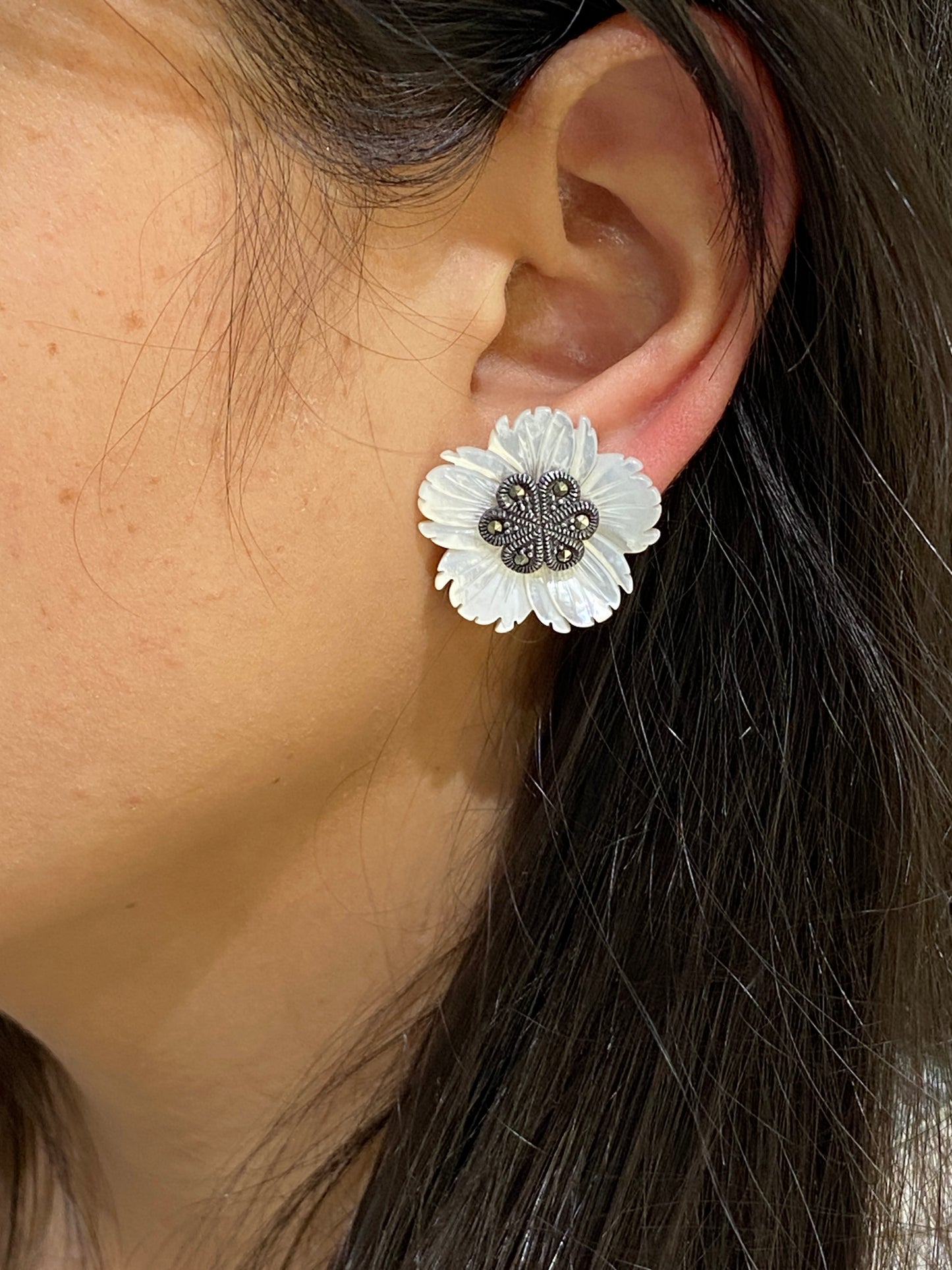 925 Sterling silver Mother of PEARL Detachable earrings with intricate Marcasite work