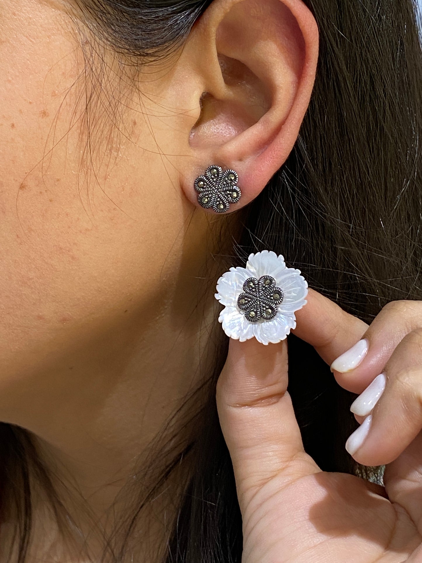 925 Sterling silver Mother of PEARL Detachable earrings with intricate Marcasite work