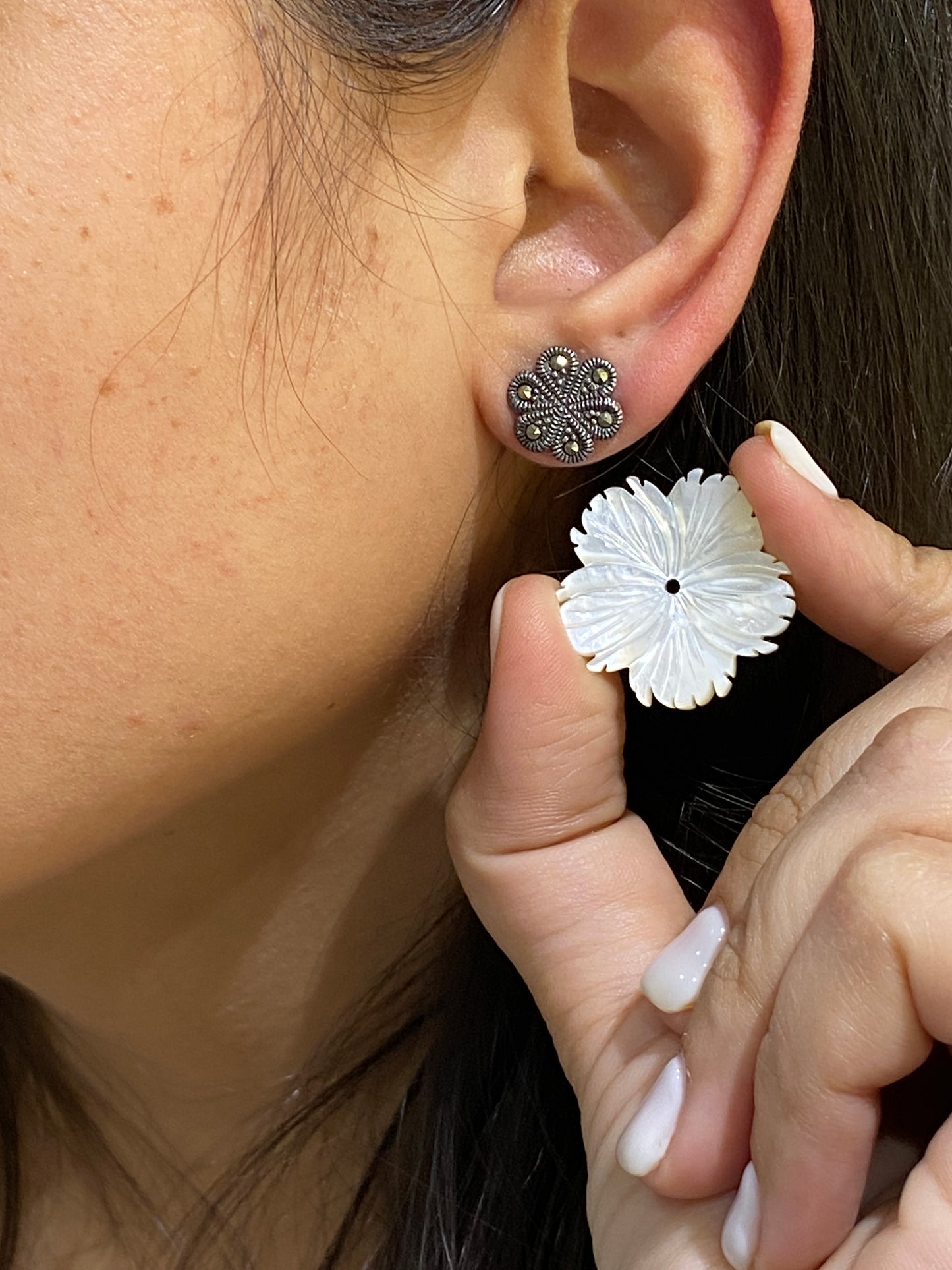925 Sterling silver Mother of PEARL Detachable earrings with intricate Marcasite work